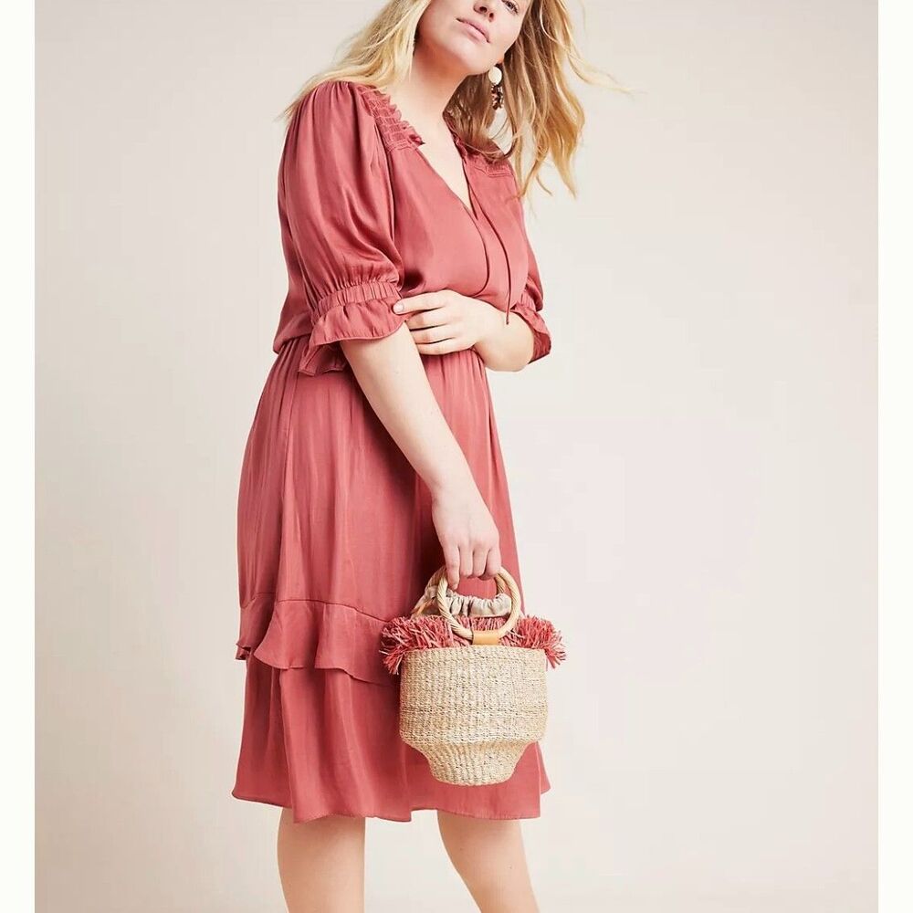 Anthropologie Dolan Left Coast Dress‎ Plus 1X Rosa Coral Ruffled Midi layered